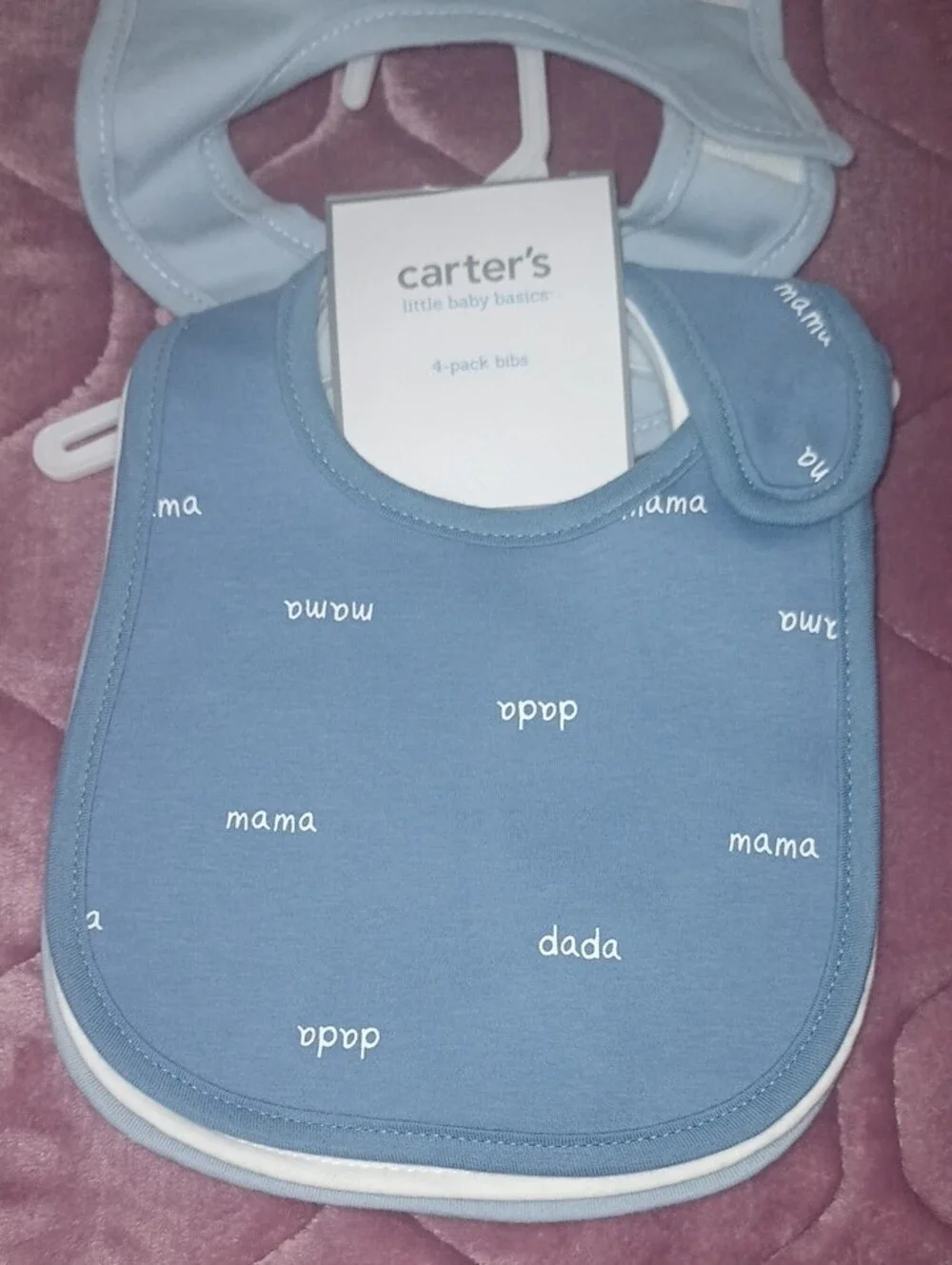 Carter's White Bibs with Light Blue Trim and Hippo/Turtle Design (4-Pack)